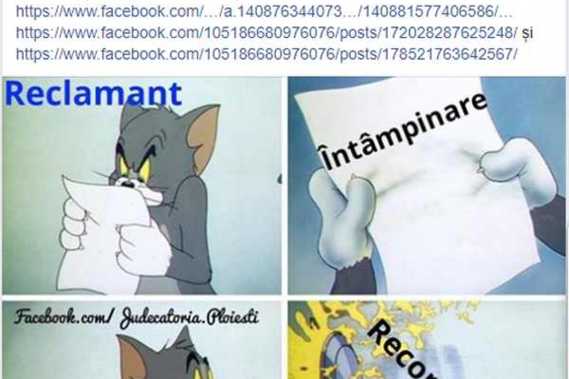 Fotografii din desene animate cu Tom și Jerry pe pagina de facebook a Judecătoriei Ploiești